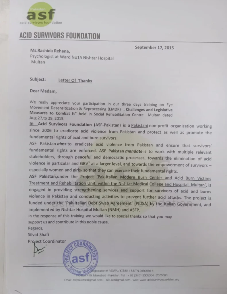 Letter of Appreciation for EMDR Training